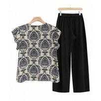 2 Pcs/Set Women Top Pants Set Round Neck Retro Printing Short Sleeves S juoda