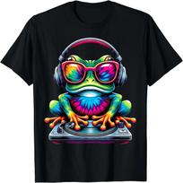 Dažytas Tie-Dye Šaunus DJ Varlė Taikos Ženklas Hipiškas Varlė Su Ausinėmis Marškinėliai Grafiniai Marškinėliai Lengvi Trumpomis Rankovėmis Unisex S juoda