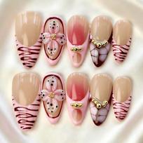 Aurora Mother-of-Pearl Coated Crystal Pearl Press-On Nails Acetate Handmade Short Oval Style Women Men Teens AW1078 beige