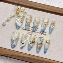 Handmade Mermaid Tail Press-On Nails Medium Length Gold Ocean Design Women Girls Large