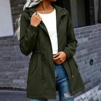 Women's Mid-Length Hooded Jacket Casual Loose Fit Windbreaker Coat with Adjustable Waist Drawstring and Front Snap Button Closure L armijos žalia spalva
