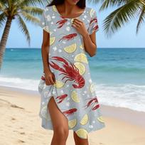 Women Casual Dress Short Sleeve Loose Fit Lobster Print Summer Beachwear Midi Dress with Side Slit Lightweight Comfortable M raudona