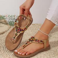Women's Colorful Beads Thong Sandals Bohemian Style Clip Toe Flat Sandals for Women Summer  Soft Sole Non Slip Beach Shoes 36