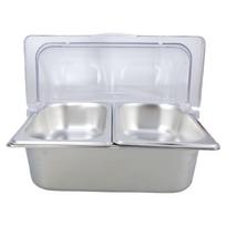 Stainless Steel 2 Compartment Food Pan Clear Roll Top Lid Buffet Serving Tray with Dividers Condiment Dispenser 10CM plus two grids