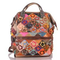 Damen Patchwork Leder Rucksack groß – Blumen Unikat One Size juoda