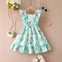 2026 New Summer Popular Flower Print Girls Sleeveless Dress Children's Korean Style Princess Dress 5-6Y žalia