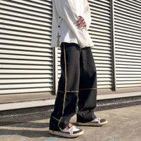 Men's Streetwear Black Contrast Stitch Baggy Wide Leg Jeans S juoda