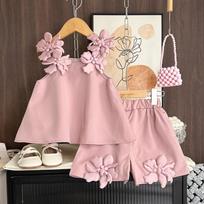 2026 New Girls Suit Summer Three-dimensional Flower Camisole Top Shorts Two-piece Set Girls Summer Clothes Cross-border 23Y100 rožinė