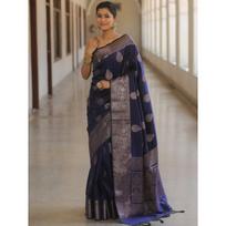 New Launch - Soft Lychee Silk Saree with Rich Pallu and All Over Jacquard Work tamsiai mėlyna spalva