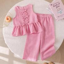 Humor Bear Summer Girls' Suits Pink vertical stripe Bow Sleeveless Vest Top+Pants Two-piece Set Sweet Kids' Clothing Sets 3T