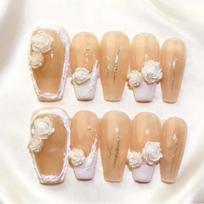 Handmade French Tip Press-On Nails With 3D White Rose Embellishment Minimalist Style AX1055