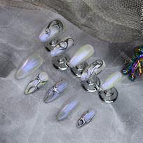 Handmade Press-On Nails Flame Design Almond Shape Liquid Metal Futuristic Dark Aesthetic L 5-piece set with nail application tools