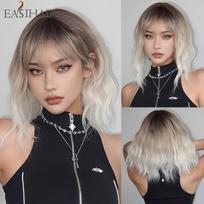 EASIHAIR Šviesiai rudi iki platininiai Ombre sintetiniai perukai moterims, trumpi banguoti Cosplay Lolita natūralūs plaukai, perukas su kirpčiukais, atsparūs karščiui