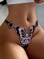 Women'S Sexy Low-Rise Butterfly Embroidered Thong Panties - Vibrant Red & Black Floral Design, Comfortable & Stylish for Casual Attire 1pc
