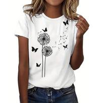 European sizes Dandelion & Butterfly Print T-Shirt, Casual Crew Neck Short Sleeve Top For Spring & Summer, Women's Clothing S balta
