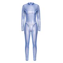 Moteriškas metalinis blizgus ilgomis rankovėmis pilno kūno kombinezonas Užtrauktukas nugaroje Catsuit Bodysuit Klubinė apranga S mėlyna
