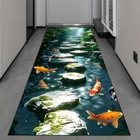 2D Realistiškas gamtos peizažas Ilgas kilimas koridoriui, virtuvei, vonios kambariui Neslystantis plaunamas grindų kilimėlis su žuvų ir krioklio dizainu 40X120CM