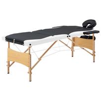 Folding 3 Zone Massage Table with Wooden Frame Black and White