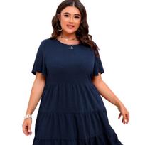 Plus Size Round Neck Pom Pom Ruffled Cake Midi Dress For Women 0XL tamsiai mėlyna spalva