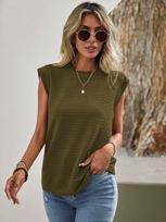European and American commuter versatile crew neck jumper top women's 2025 summer new solid color texture sleeveless T-shirt women S armijos žalia spalva