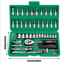46PCS Master Mechanic Tool Kit with 3/8  Ratchet, SAE/Metric Sockets, Torx/Hex Bits, Extension Bars - Professional Grade (Green,Hand Tool Kits&46pcs) žalia