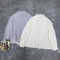 Johnature Fungus Trimmed Shirt Retro Pressed Pleated Lace-up Shirt Spring Japanese Cotton Shirts One Size