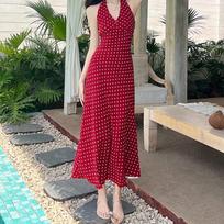 Women's Red Polka Dot Halter Neck Maxi Dress