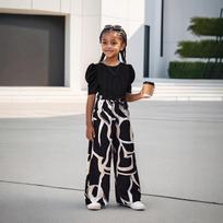 Girls Summer Dress Puff Sleeve Fashionable Casual Top Floral Print Wide Leg Pants Western Style Suit 1112Y juoda