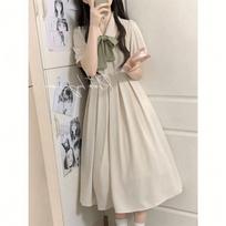 Forest-Style Sweet First Love Polo Bow Dress for Girls - Korean Summer A-line Skirt S [80-90 lbs] abrikosas