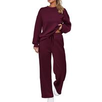 European-Americana Knit Women's Two-Piece: Long-Sleeve Top & Wide-Leg Pocketed Sweatpants XXXL vyno raudonos spalvos