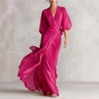 Moteriška permatoma šifono su pūstomis rankovėmis wrap suknelė Elegantiška ilga vakarinė suknelė su laisva silueto ir drapiruotos juosmens detalėmis L karšta rožinė spalva