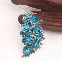 Silver-Tone Blue Crystal Leaf Brooch - Intricate Rhinestone Design, Vintage Luxurious Style, for Formal Occasions, Ideal Gift