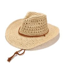 Trendy Hollow Cowboy Hat Wide Brim Dome Straw Hat Handmade Sun Protection Hat chaki