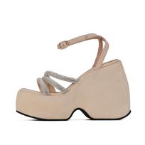 Krazing Pot Flock Platform Ankle Straps Peep Toe Bling Super High Heels Summer Shoes Daily Wear Fashion Women Sandals 34 smėlis