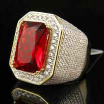 Luxurious Micro Pave Rhinestone Iced Out Square Ring 18KRGP Gold Plated Big Rings for Men Wedding Birthstone 8 raudona