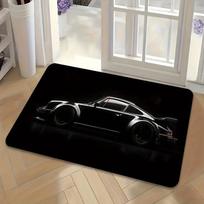 Sportinio automobilio siluetas  kilimėlis prie durų – Juoda ir balta lenktynių dizaino, neslystantis ir skalbiamas mašinoje prieškambariui ar namų dekoravimui 60cm x 90cm