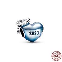 925 sterlingų sidabro mėlyna 2023 m. baigimo širdis ir putojantis kryžius kabantis karoliukas, tinka originalioms mados apyrankėms pasidaryk pats papuošalai
