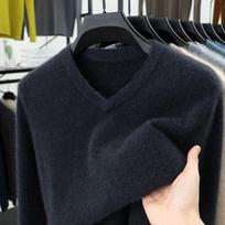 Aukščiausios klasės kašmyro storas V formos iškirptės vilnos megztinis vyrams: Vidutinio amžiaus ir jaunimui, šiltas megztas megztinis XL black