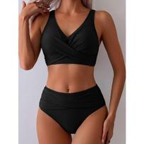 Alyvuogių žalia su susuktu priekiu aukšto juosmens bikini komplektas V formos iškirpte dviejų dalių maudymosi kostiumas S juoda
