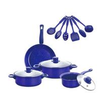 13Pcs Cookware Set Non-Stick Iron Pots And Pans with Comfortable Handles Clear Glass Lids Large Capacity Cooking Utensils for Home mėlyna