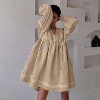 Moteriška laisva vasarinė suknelė Elegantiška į darbą ilgomis rankovėmis V formos iškirpte medvilninė suknelė Nėriniais intarpais Mygtukais Boho Paplūdimio Per dydį Vestidos M chaki
