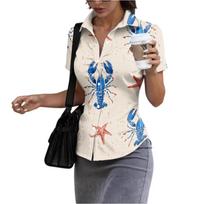 Women's Slim Fit Polo Shirt Short Sleeve Lobster Print Casual Button Down Collared Top Summer Lightweight Blouse S balta