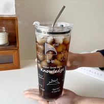 1000 ml Didelės Talpos Matematinio Rašto Skaidraus Stiklo Puodelis Indai Puodelis su Dangteliu ir Nerūdijančio Plieno Šiaudeliu Pienui Sultims Kavai 1000ml