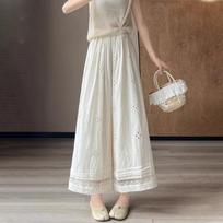 Women's Baggy Wide Leg Pants Lace Splicing High Waist Thin Elastic Waist Straight Trousers Vintage Style Casual Clothing Summer S abrikosas