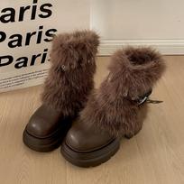 Winter Women's Retro Chunky Snow Boots Fur Platform High Heels Shoes for Women Solid Belt Buckle Warm Furry Cotton Short Botas 35 ruda