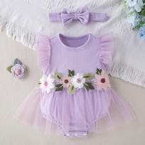 New Baby Girl Mesh Dress Stylish and Cute Little Flower Flying Sleeves Jumpsuit and Hair Accessories Set 3-6M violetinė