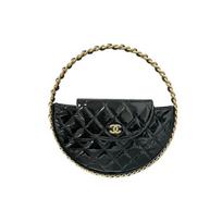 Chanel 23k Hula Hoop Diamonds Leather Chain Patent Leather And Cowhide Handbag And Tote Bag Women'S Black Shopping Bag Set(Basic Set+Shopping Bag) juoda