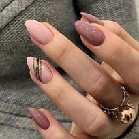 Almond Shape Press-On Nails In Soft Peach With Diagonal Gold Foil Line Sweet Style False Women Gel Nail