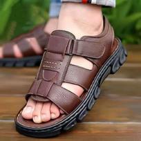 Men's Leather Breathable Sandals Non-slip Wear-resistant Casual Beach Shoes Outdoor Walking Slippers 43 gray