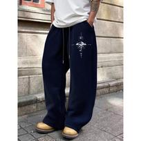 Men's Urban Black Sweatpants, Wide Leg with White Tribal Flame Abstract Prints Drawstring Loose Fit Streetwear Essential S